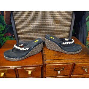 VOLATILE Women's Black, Bling and Shimmery Gray Weave Wedge Flip Flops. SIZE 9